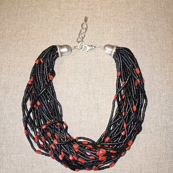 Peyote Bird 29 Strand Jet Heishi with Coral Necklace - Picture 5 of 6